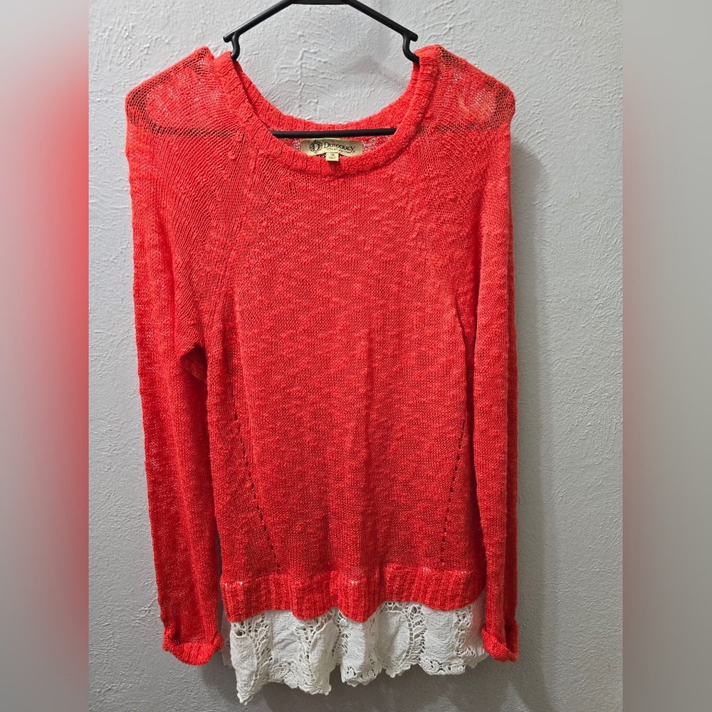 Democracy Red Knit Sweater with White Lace Hem